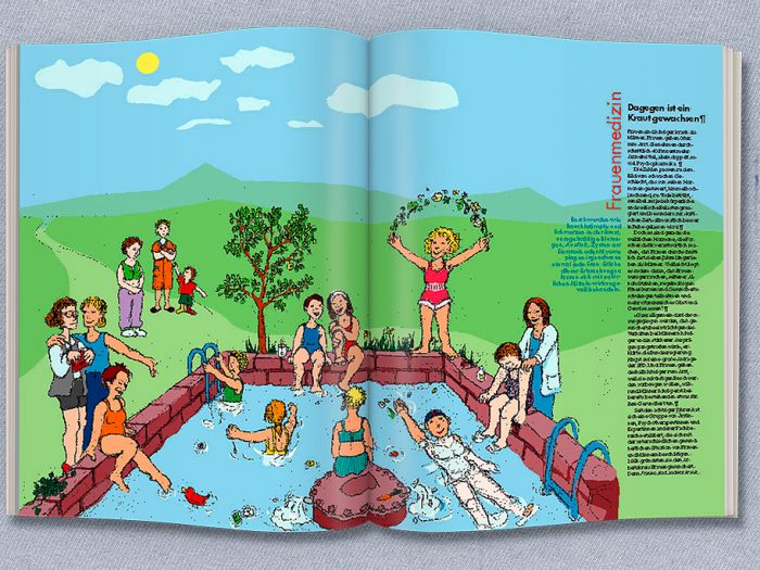 Illustration einer Doppelseite zum Thema Frauenmedizin, Magazinaufmacher im ÖKO-TEST Magazin | Christine Kern