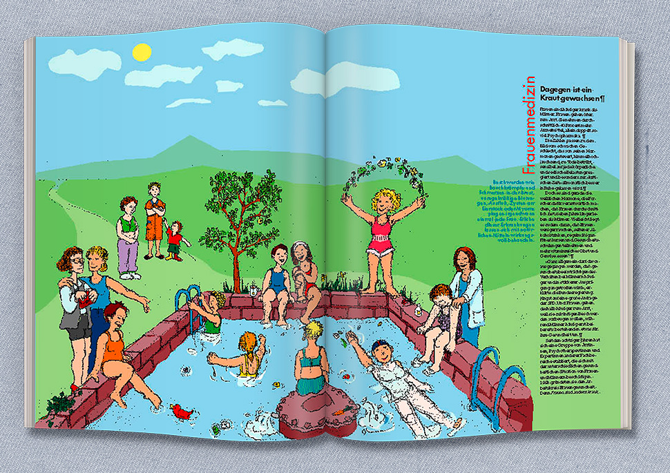 Illustration einer Doppelseite zum Thema Frauenmedizin, Magazinaufmacher im ÖKO-TEST Magazin | Christine Kern