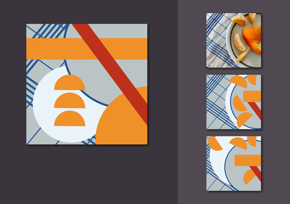 Projektbeispiel aus der Lehre – mit abstrakter Umsetzung eines Fotomotivs. Ein Teller mit Mandarinen auf einem karierten Küchenhandtuch. Original und drei Variationen.