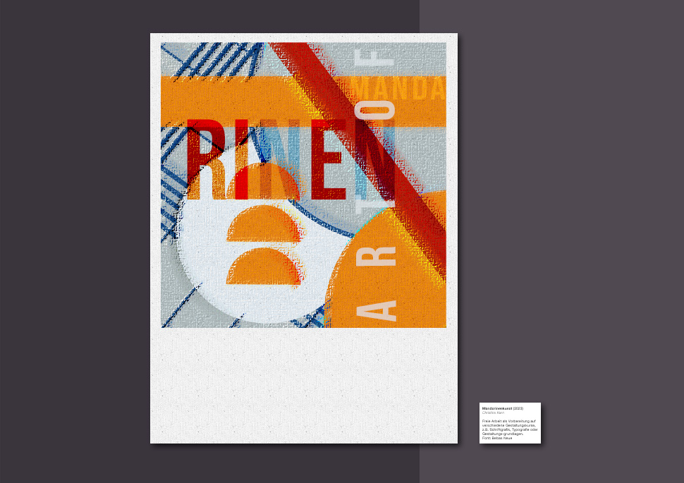 Abstrakte Komposition in Orange, Weiß und Blau aus grafischen Grundformen. Mit Typografie, die das Wort „Art of Mandarinen“ zeigt