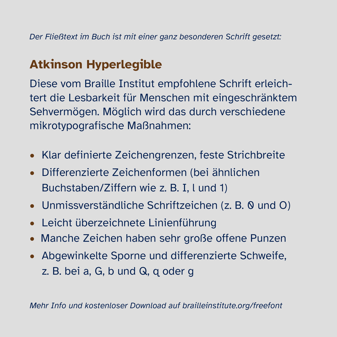 Erklärseite zu der Schrift Atkinson Hyperlegible mit verschiedenen Punkten, die wesentlich für die Lesbarkeit der Schrift sind.