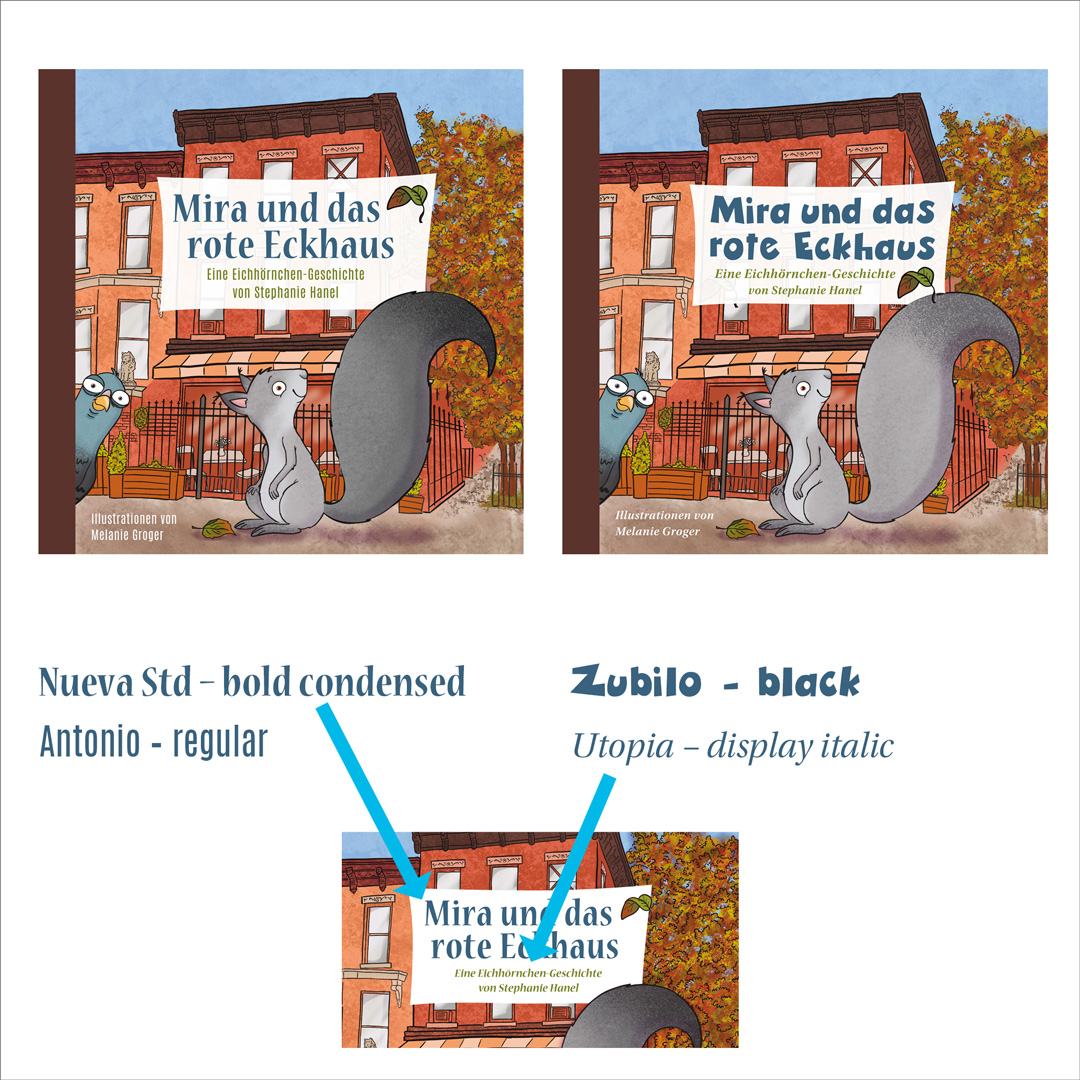 Vergleich des Covers mit zwei verschiedenen Titelschriften.