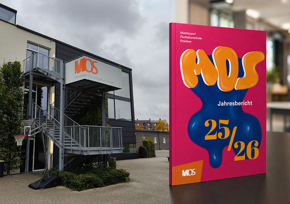 Collage aus einer Aufnahme des Schulgebäudes der Montessori Fachoberschule Franken und einer Abbildung des Jahresberichts (Cover).